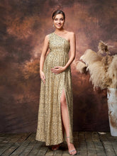 Maternity One Shoulder Split Thigh Sequin Party Dress